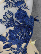 Vintage Cream Navy Mermaid Crew Neck Sleeveless Embroidered Tulle Long Classy Prom Dress