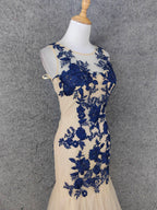 Vintage Cream Navy Mermaid Crew Neck Sleeveless Embroidered Tulle Long Classy Prom Dress