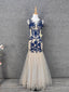 Vintage Cream Navy Mermaid Crew Neck Sleeveless Embroidered Tulle Long Classy Prom Dress