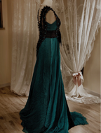 Vintage Dark Green A-Line V-Neck Bow Beaded Chiffon Long Classy Prom Dress