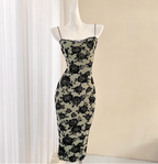 Vintage Dark Green Base Black Rose Printed Slim-Fit Spaghetti Strap Satin Classy Prom Dress