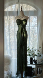 Vintage Dark Green Strapless Beaded Chiffon Mermaid Long Prom Dress