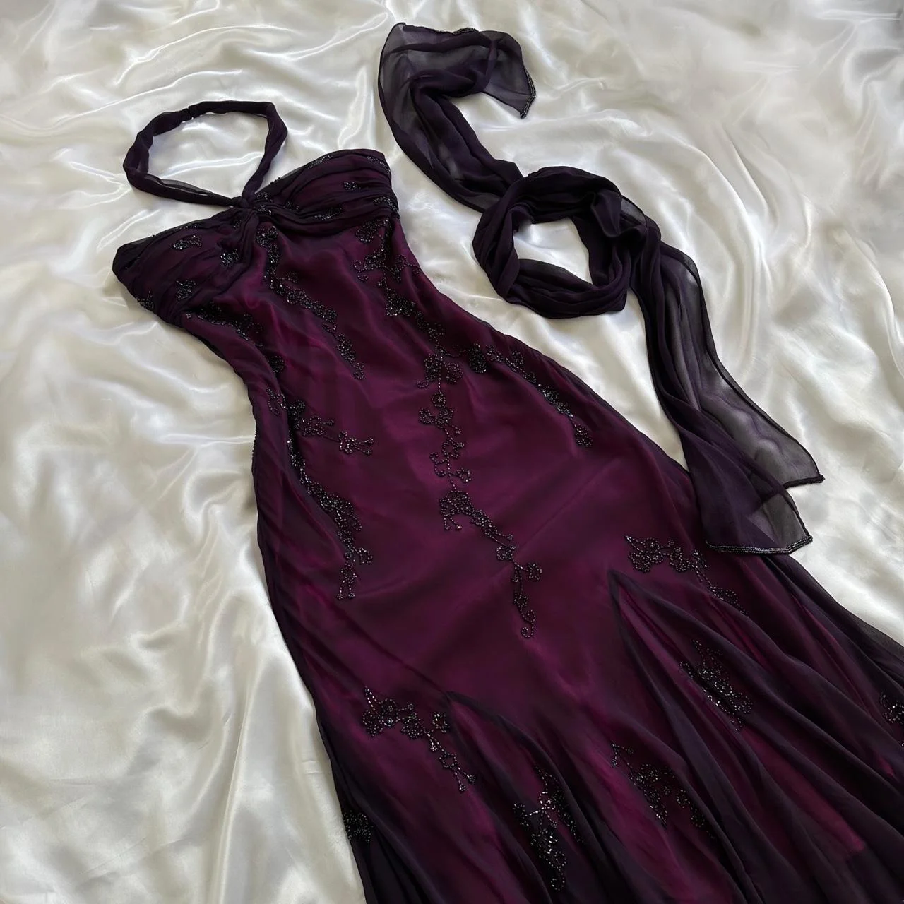 Vintage Dark Purple Halter-Neck Beaded Ruffled Charming Classy Prom Dress Classy Evening Dress Party Dress