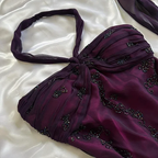 Vintage Dark Purple Halter-Neck Beaded Ruffled Charming Classy Prom Dress Classy Evening Dress Party Dress