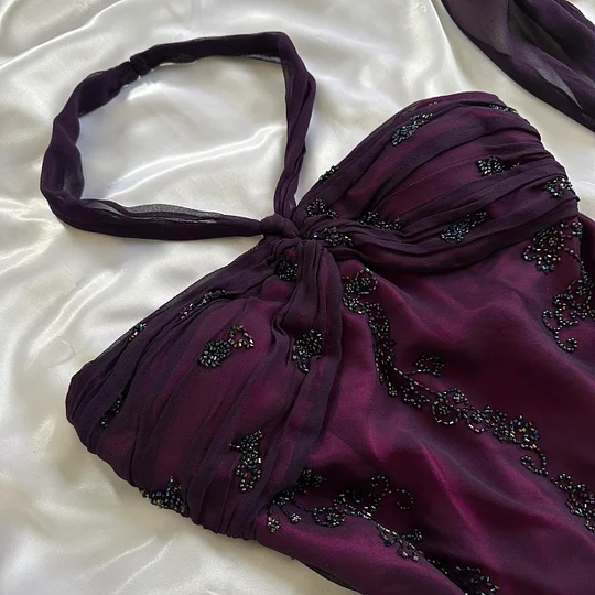 Vintage Dark Purple Halter-Neck Beaded Ruffled Charming Classy Prom Dress Classy Evening Dress Party Dress