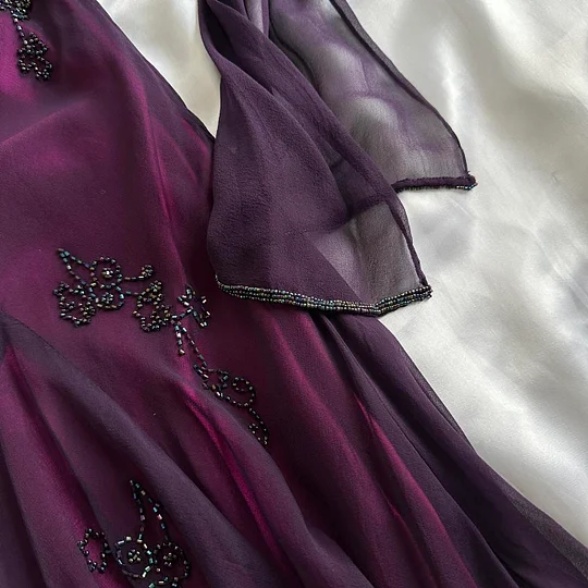 Vintage Dark Purple Halter-Neck Beaded Ruffled Charming Classy Prom Dress Classy Evening Dress Party Dress