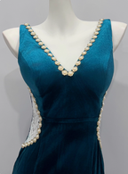 Vintage Deep Peacock Blue Mermaid V-Neck Pearl Slit Velvet Long Classy Prom Dress