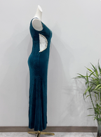 Vintage Deep Peacock Blue Mermaid V-Neck Pearl Slit Velvet Long Classy Prom Dress