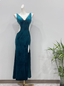 Vintage Deep Peacock Blue Mermaid V-Neck Pearl Slit Velvet Long Classy Prom Dress