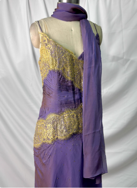Vintage Deep Purple Gold Lace Thin Strap V-Neck Chiffon Long Classy Prom Dress