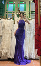 Vintage Deep Purple Mermaid Halter Neck Backless Beaded Chiffon Classy Prom Dress
