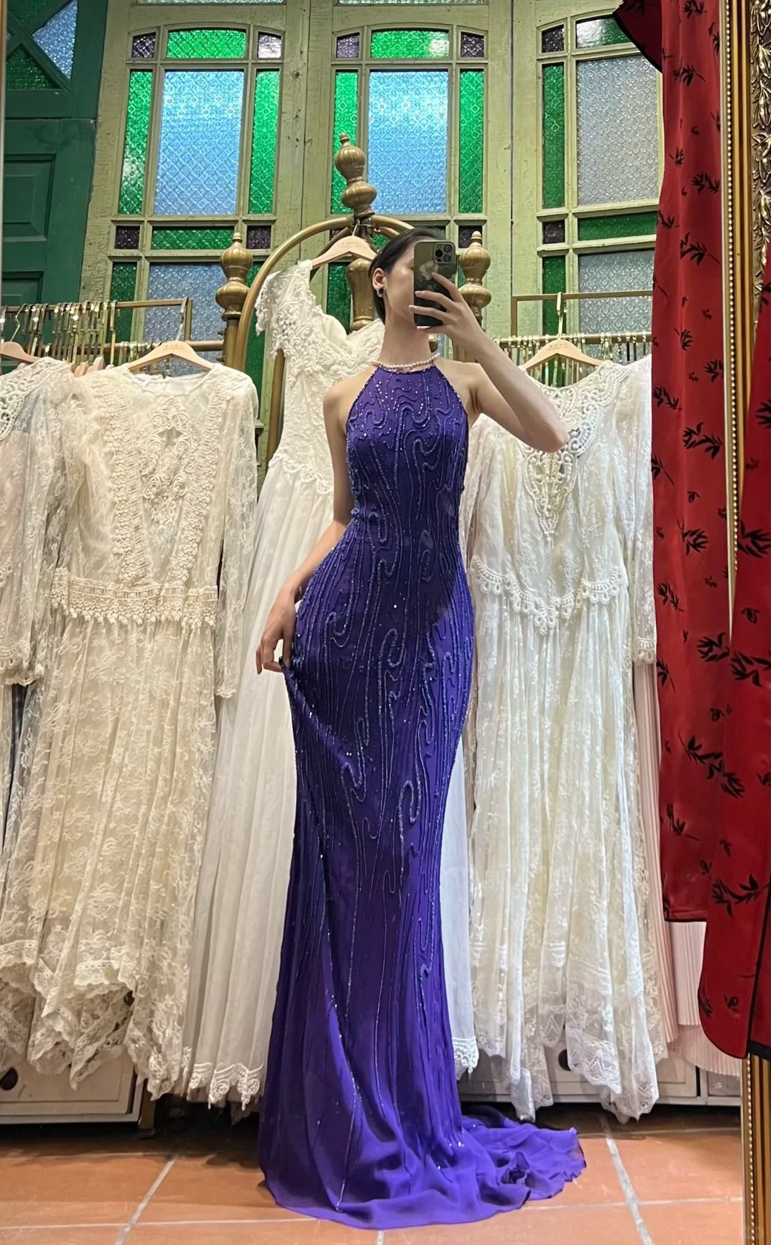 Vintage Deep Purple Mermaid Halter Neck Backless Beaded Chiffon Classy Prom Dress