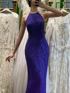 Vintage Deep Purple Mermaid Halter Neck Backless Beaded Chiffon Classy Prom Dress
