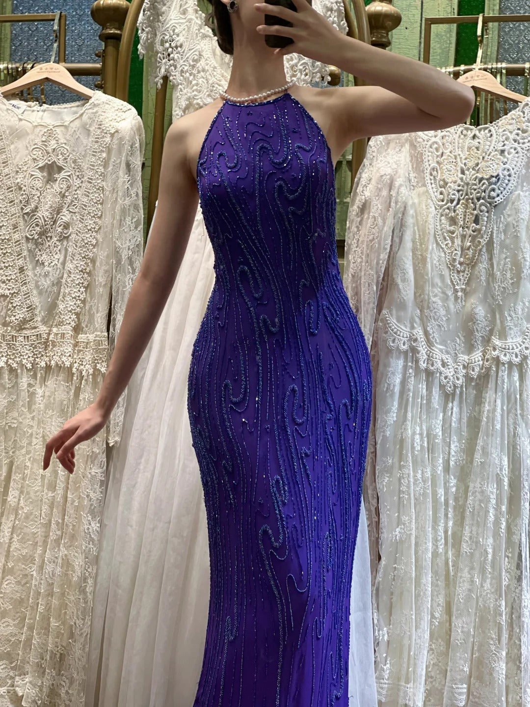 Vintage Deep Purple Mermaid Halter Neck Backless Beaded Chiffon Classy Prom Dress
