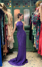 Vintage Deep Purple Mermaid Halter Neck Backless Beaded Chiffon Classy Prom Dress