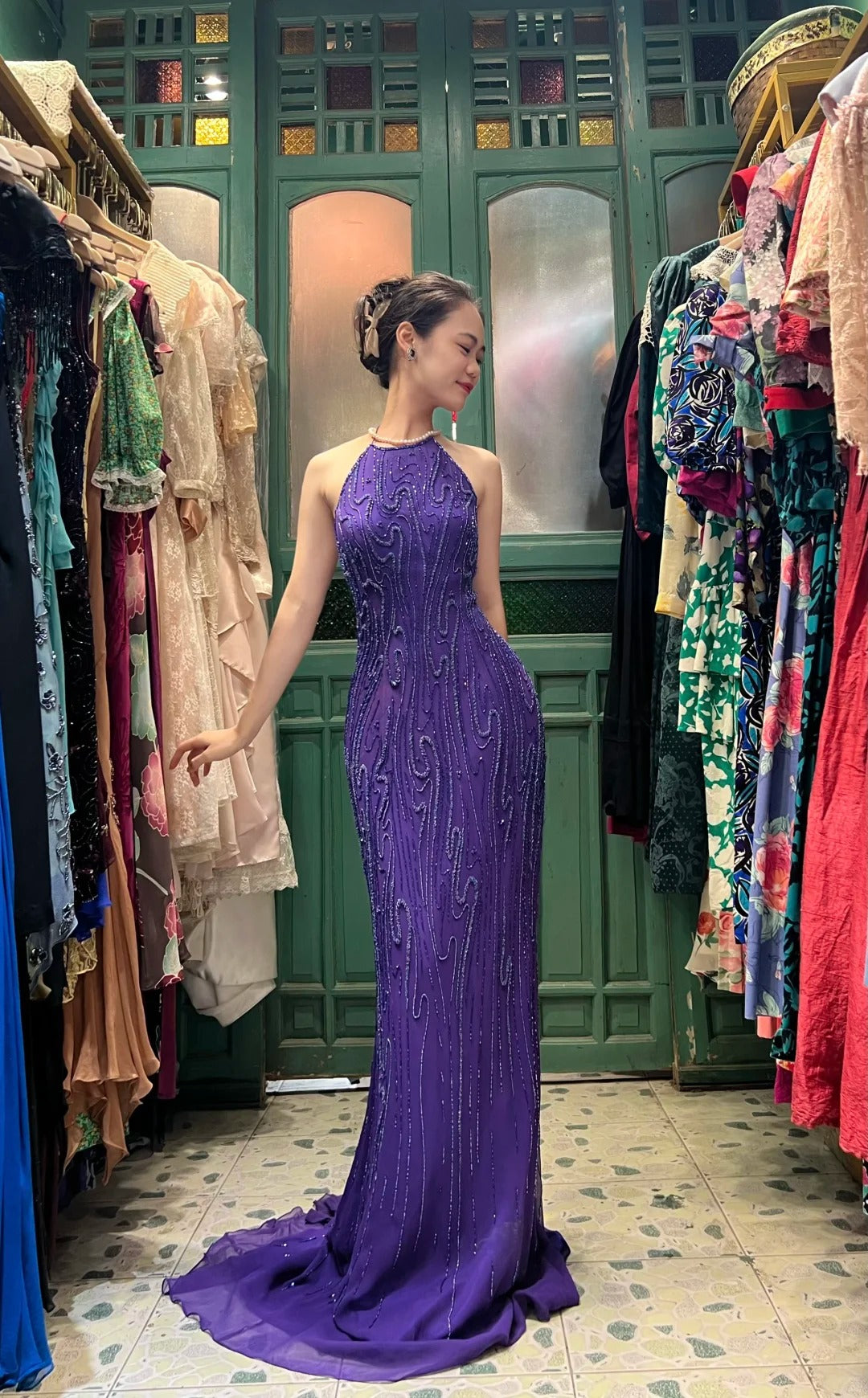 Vintage Deep Purple Mermaid Halter Neck Backless Beaded Chiffon Classy Prom Dress