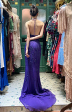 Vintage Deep Purple Mermaid Halter Neck Backless Beaded Chiffon Classy Prom Dress