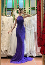 Vintage Deep Purple Mermaid Halter Neck Backless Beaded Chiffon Classy Prom Dress