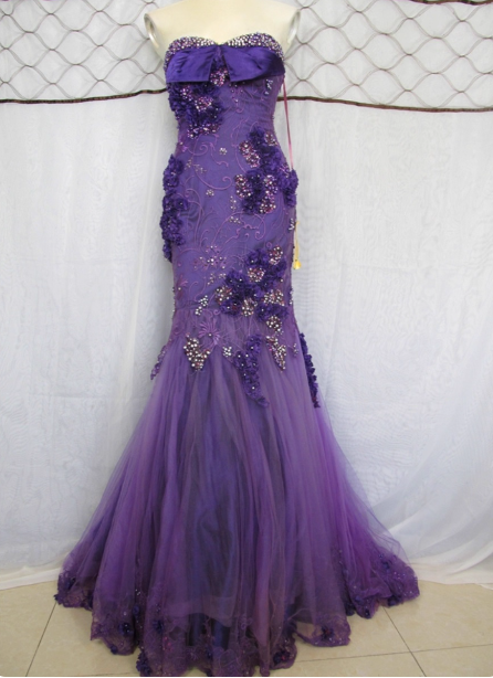 Vintage Deep Purple Mermaid Strapless 3D Floral Beaded Tulle Long Classy Prom Dress Main image