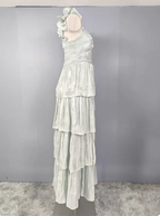 Vintage Dusty Sage A-Line V-Neck Satin Tiered Long Classy Prom Dress