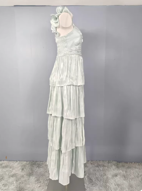 Vintage Dusty Sage A-Line V-Neck Satin Tiered Long Classy Prom Dress