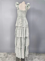 Vintage Dusty Sage A-Line V-Neck Satin Tiered Long Classy Prom Dress