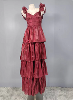 Vintage Dusty Sage A-Line V-Neck Satin Tiered Long Classy Prom Dress