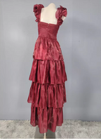 Vintage Dusty Sage A-Line V-Neck Satin Tiered Long Classy Prom Dress