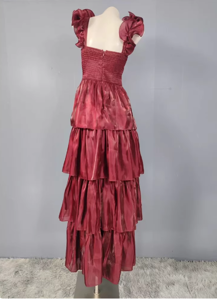 Vintage Dusty Sage A-Line V-Neck Satin Tiered Long Classy Prom Dress