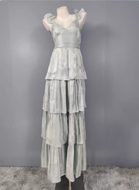 Vintage Dusty Sage A-Line V-Neck Satin Tiered Long Classy Prom Dress