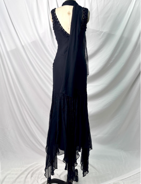 Vintage Elegant Black Mermaid Asymmetrical Hem Beaded Chiffon Long Classy Prom Dress