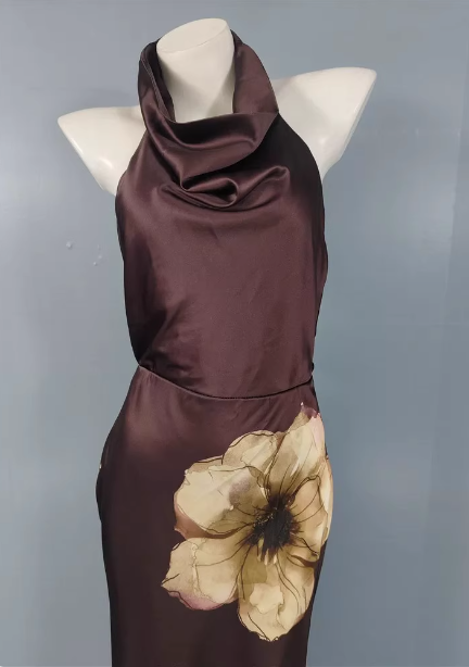 Vintage Elegant Dark Brown Printed Halter Neck Open Back Satin Long Classy Prom Dress Secondary image