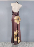Vintage Elegant Dark Brown Printed Halter Neck Open Back Satin Long Classy Prom Dress