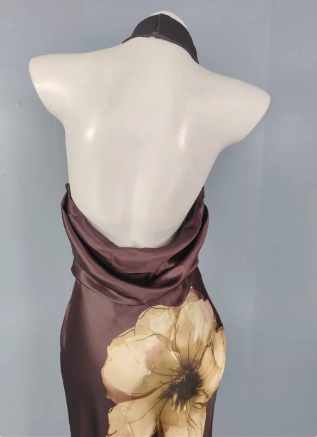 Vintage Elegant Dark Brown Printed Halter Neck Open Back Satin Long Classy Prom Dress