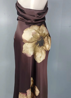 Vintage Elegant Dark Brown Printed Halter Neck Open Back Satin Long Classy Prom Dress
