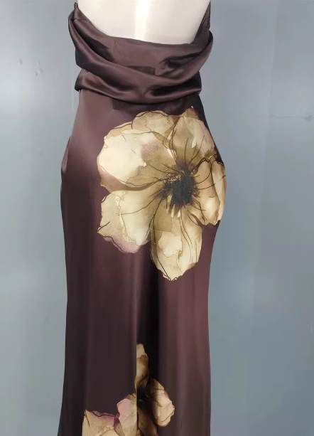 Vintage Elegant Dark Brown Printed Halter Neck Open Back Satin Long Classy Prom Dress