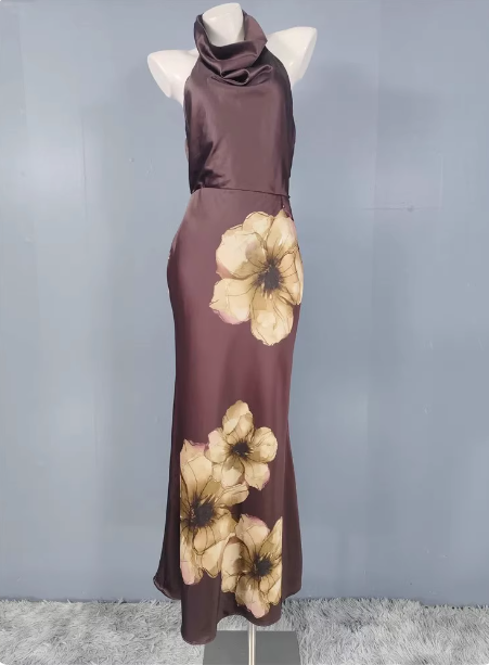 Vintage Elegant Dark Brown Printed Halter Neck Open Back Satin Long Classy Prom Dress Main image