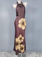 Vintage Elegant Dark Brown Printed Halter Neck Open Back Satin Long Classy Prom Dress