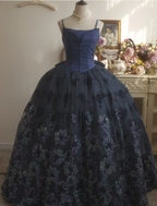 Vintage Elegant Navy Blue Bow Embroidered Train Tulle Ball Gown Prom Dress Sweet 16 Dress