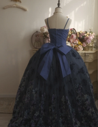Vintage Elegant Navy Blue Bow Embroidered Train Tulle Ball Gown Prom Dress Sweet 16 Dress