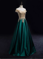Vintage Emerald Green A-Line Off-The-Shoulder Lace Satin Long Classy Prom Dress