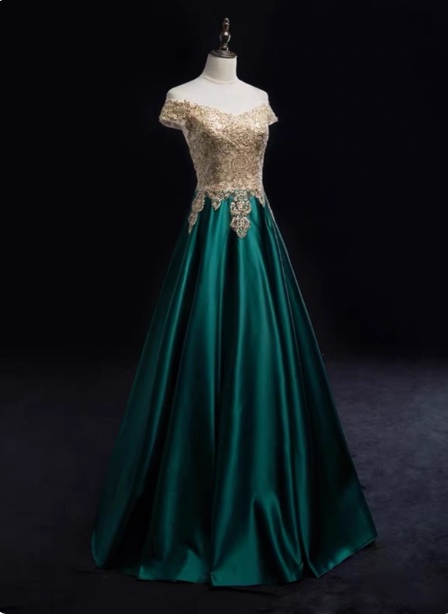 Vintage Emerald Green A-Line Off-The-Shoulder Lace Satin Long Classy Prom Dress