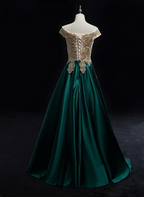 Vintage Emerald Green A-Line Off-The-Shoulder Lace Satin Long Classy Prom Dress