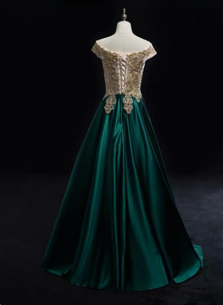 Vintage Emerald Green A-Line Off-The-Shoulder Lace Satin Long Classy Prom Dress