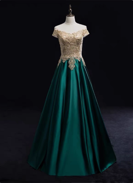 Vintage Emerald Green A-Line Off-The-Shoulder Lace Satin Long Classy Prom Dress Main image