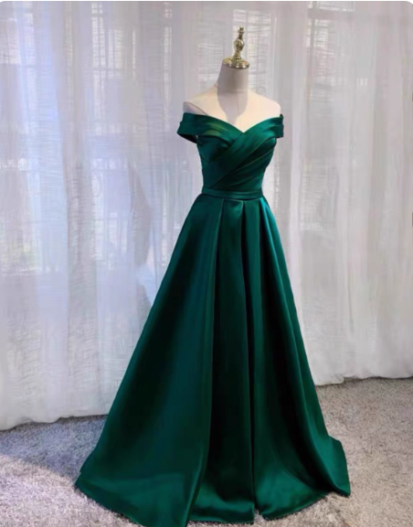 Vintage Emerald Green A-Line Off-The-Shoulder Satin Long Classy Prom Dress Secondary image