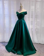 Vintage Emerald Green A-Line Off-The-Shoulder Satin Long Classy Prom Dress