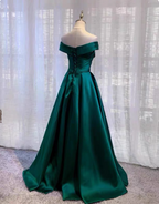 Vintage Emerald Green A-Line Off-The-Shoulder Satin Long Classy Prom Dress