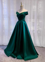 Vintage Emerald Green A-Line Off-The-Shoulder Satin Long Classy Prom Dress