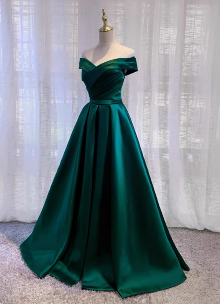 Vintage Emerald Green A-Line Off-The-Shoulder Satin Long Classy Prom Dress